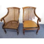 A near pair (matched) of late Regency period mahogany and rattan caned Bergère-style chairs; each