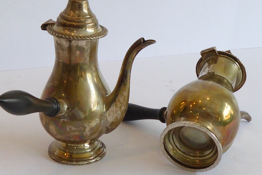 A pair of hallmarked silver chocolate pots; hinged domed tops with gadrooned borders, turned angular - Image 8 of 8