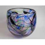 A large heavy and modern Art Glass vase of high bowl form; various applied swirling abstract-style