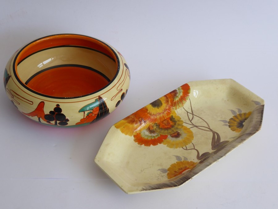 Two pieces of Clarice Cliff pottery: an Art Deco circular pottery bowl hand-decorated in the '
