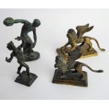 Bronze and brass Grand Tour style souvenirs including patinated bronze of a discus thrower, a