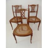 Three late 19th / early 20th century salon chairs; painted satinwood and turned tapering slightly