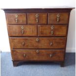 An early 18th century walnut chest-on-chest top for restoration; the outset cornice above an