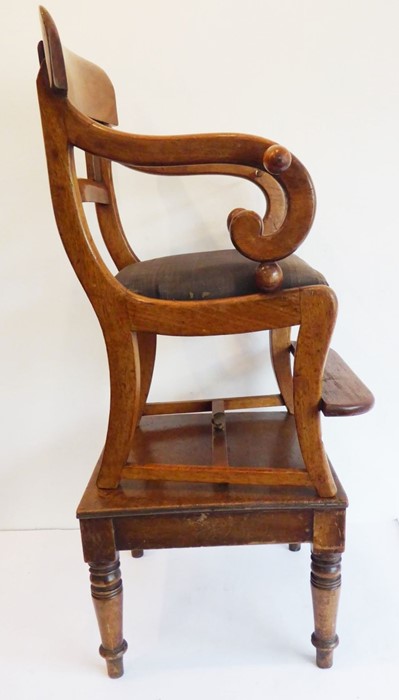 A late Regency-period child's mahogany highchair on stand; tablet-shaped top-rail, scrolling arms - Image 6 of 13