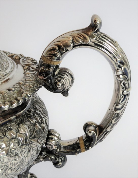 A heavy early 19th century hallmarked silver three-piece tea service: teapot, large two-handled - Image 4 of 13