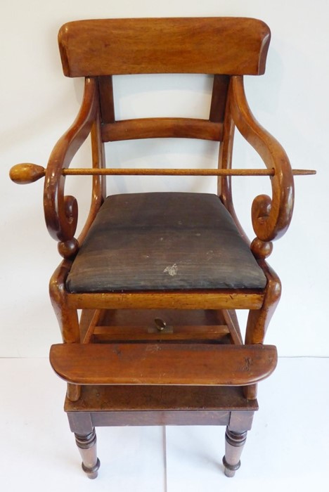 A late Regency-period child's mahogany highchair on stand; tablet-shaped top-rail, scrolling arms - Image 2 of 13