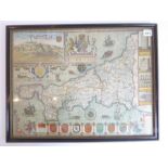 After Jacobus Hondius - 1630 - ‘Map of Cornwall’. Hand coloured engraving. 14 ¾ x 20 ins (37.5 x