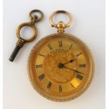 An 18 carat yellow gold open faced pocket watch the engraved dial with Roman numerals signed 'LA