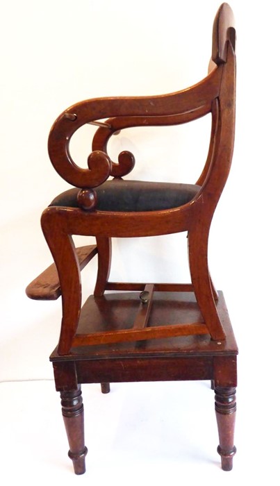 A late Regency-period child's mahogany highchair on stand; tablet-shaped top-rail, scrolling arms - Image 4 of 13