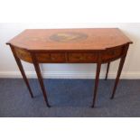 A late 19th century Sheraton Revival satinwood, rosewood crossbanded and painted side table; the