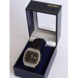 A circa 1970s gentleman's Seiko heavy steel-cased automatic wristwatch: the signed black dial with