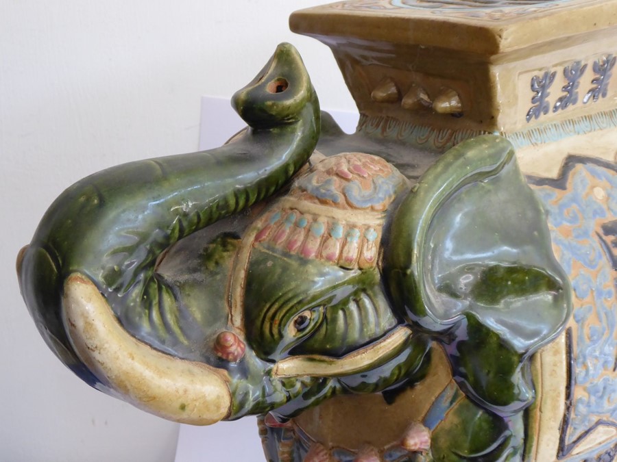 A large Chinese stoneware jardinière stand modelled as a trumpeting elephant; the central howdah - Image 2 of 8