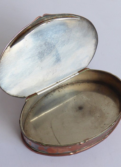 A 19th century oval copper (once silver plated) table snuff box; the lid inset with a worn early - Image 4 of 4