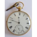 An 18 carat yellow gold open faced pocket watch, key wound (with key), subsidiary seconds dial,