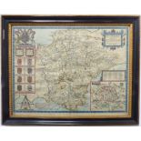 After John Speed - 1616 - ‘Devonshire with Excester Described’, Hand coloured engraving, 14 ¾ x 20
