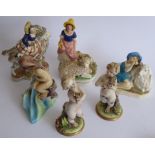 Six porcelain figures: two 19th century Staffordshire examples, a pair of Naples porcelain musicians