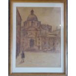 A * P * (?) C20th Continental School, A Child Walking across a Cathedral Square, Monogrammed pastel,