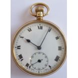 A 9 carat yellow gold open faced pocket watch, keyless wind, subsidiary seconds dial, cuvette,