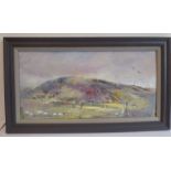 Contemporary Welsh School - Hilly landscape with sheep grazing. Oil on board, 9 ½ x 19 ½ ins (24 x