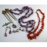 Assorted jewellery: a tumbled amethyst nugget necklace and a branch coral necklace; three pairs of