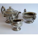 A heavy early 19th century hallmarked silver three-piece tea service: teapot, large two-handled