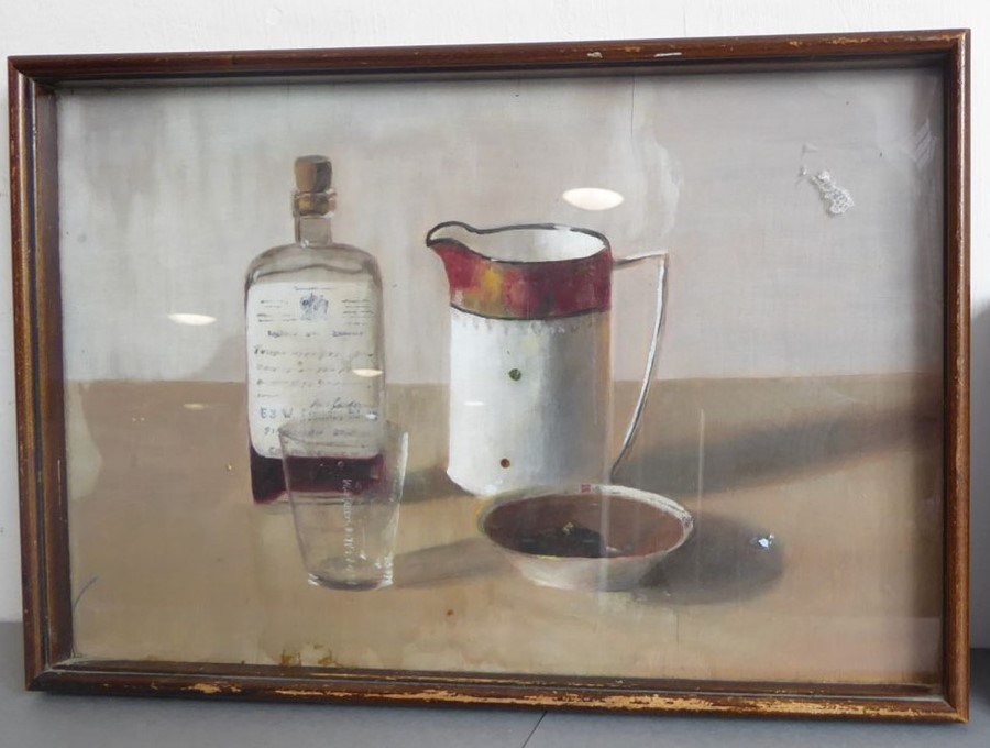 Early 20th century - still life of a spirit bottle, glass, ceramic jug and dish. Oil on panel, (24. - Image 2 of 6