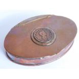 A 19th century oval copper (once silver plated) table snuff box; the lid inset with a worn early