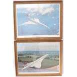 Two prints of Concorde: G-B0AA in flight, signed in ink by the test pilots, Brian Trubshaw and
