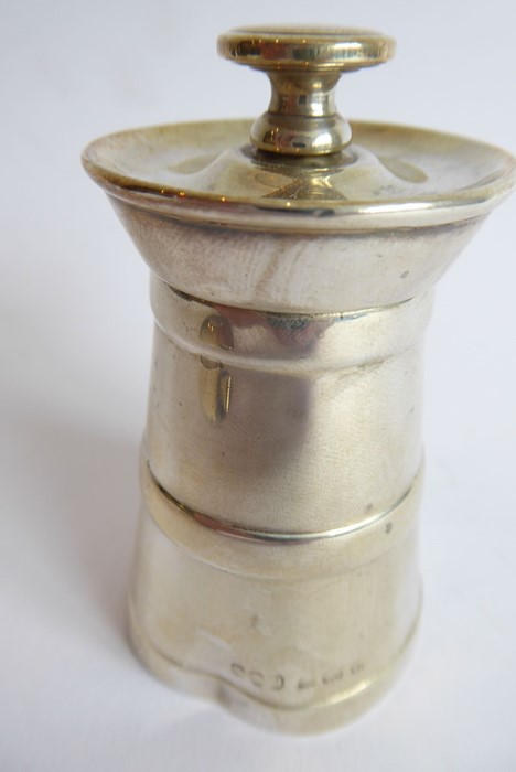 An early 20th century hallmarked silver pepper grinder in the shape of a milk churn (dents to base), - Image 3 of 3