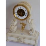 A 19th century white marble mantle clock; white-enamel chapter ring with Roman numerals and