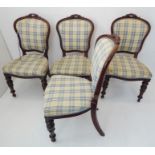 A set of four William IV / early Victorian period salon chairs; mahogany framed and chequer
