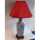 A Chinese porcelain vase (now as a lamp); the tapering triangular red silk lampshade with concave