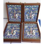 Four early to mid-19th century hand-decorated Persian tiles; each depicting a mounted rider, his