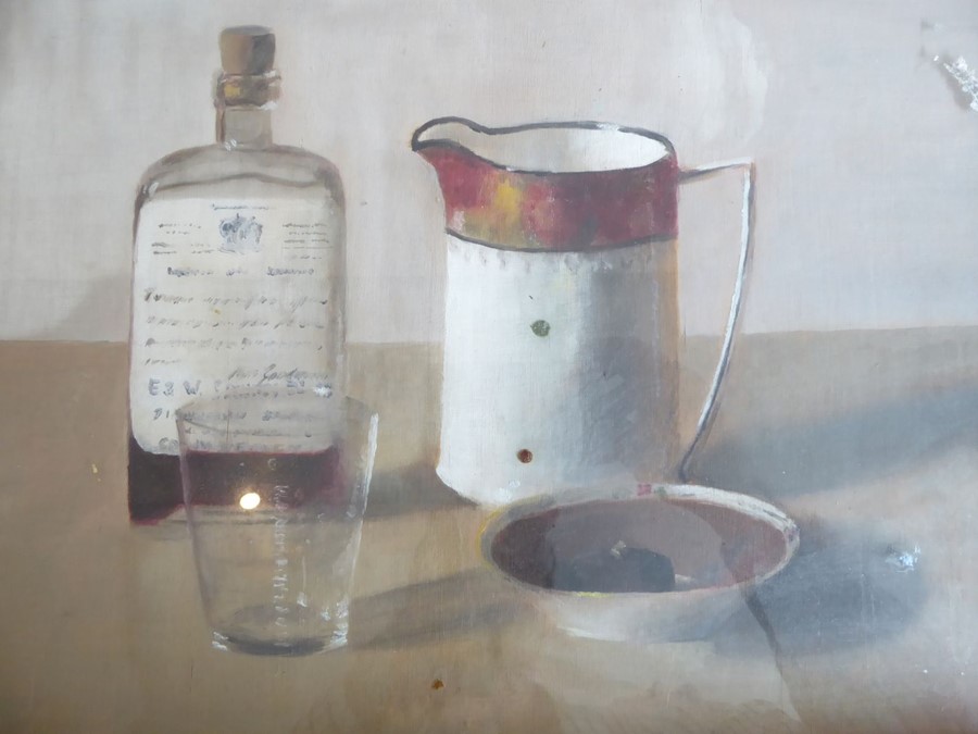 Early 20th century - still life of a spirit bottle, glass, ceramic jug and dish. Oil on panel, (24. - Image 3 of 6