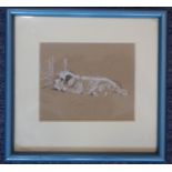 LUCY DAWSON (fl. 1936-1958), a framed and glazed pastel and pencil study of a recumbent terrier,