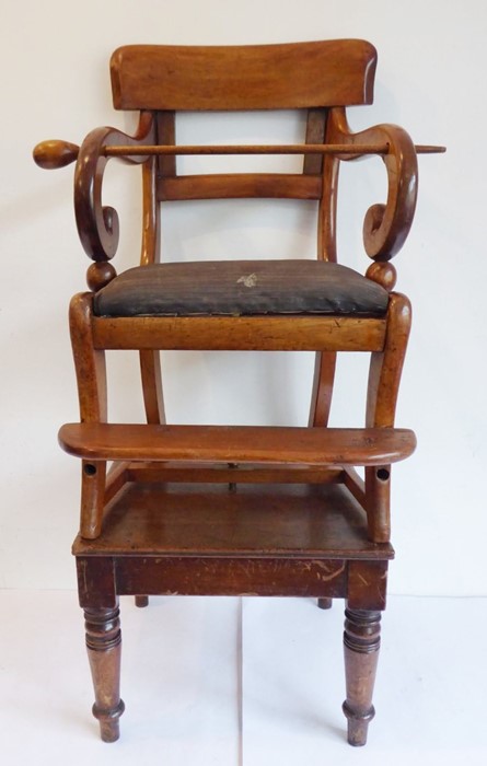 A late Regency-period child's mahogany highchair on stand; tablet-shaped top-rail, scrolling arms - Image 3 of 13