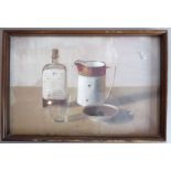 Early 20th century - still life of a spirit bottle, glass, ceramic jug and dish. Oil on panel, (24.