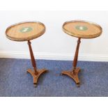 A pair of late 19th century circular satinwood and painted occasional/wine tables; each with pierced