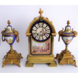 A 19th century eight-day three-piece mantel clock garniture: the gilt-bronze-cased clock in reformed