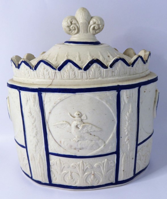 A late 18th century oval and salt-glaze lidded sucrier decorated in relief; the finial as a fleur- - Image 7 of 12