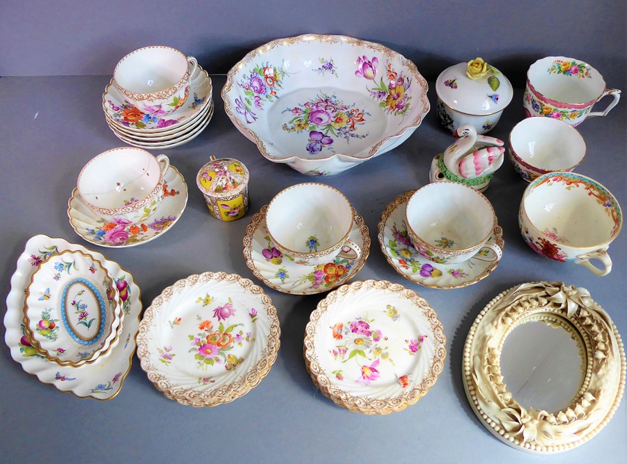 A selection of ceramics to include a shell-shaped bowl hand-decorated with floral sprays, Dresden