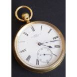 A good 18-carat yellow-gold-cased gentleman's open-faced pocket fob watch; the white enamel dial