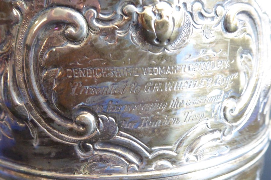 An 18th century hallmarked silver two-handled trophy-style cup; later Repoussé decorated and with - Image 7 of 11