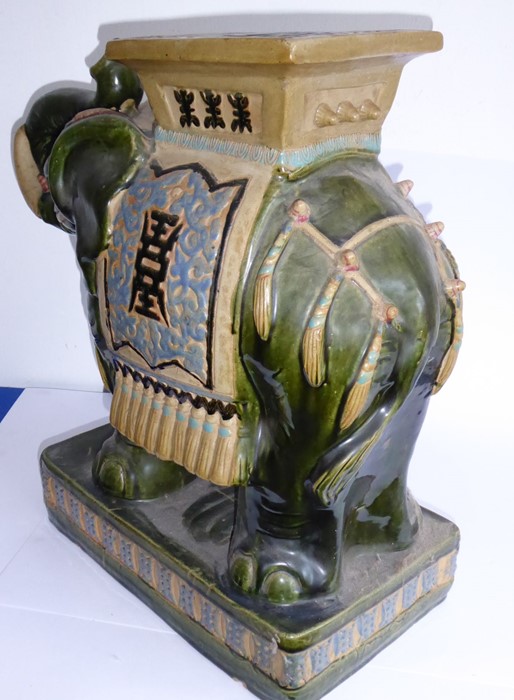 A large Chinese stoneware jardinière stand modelled as a trumpeting elephant; the central howdah - Image 6 of 8