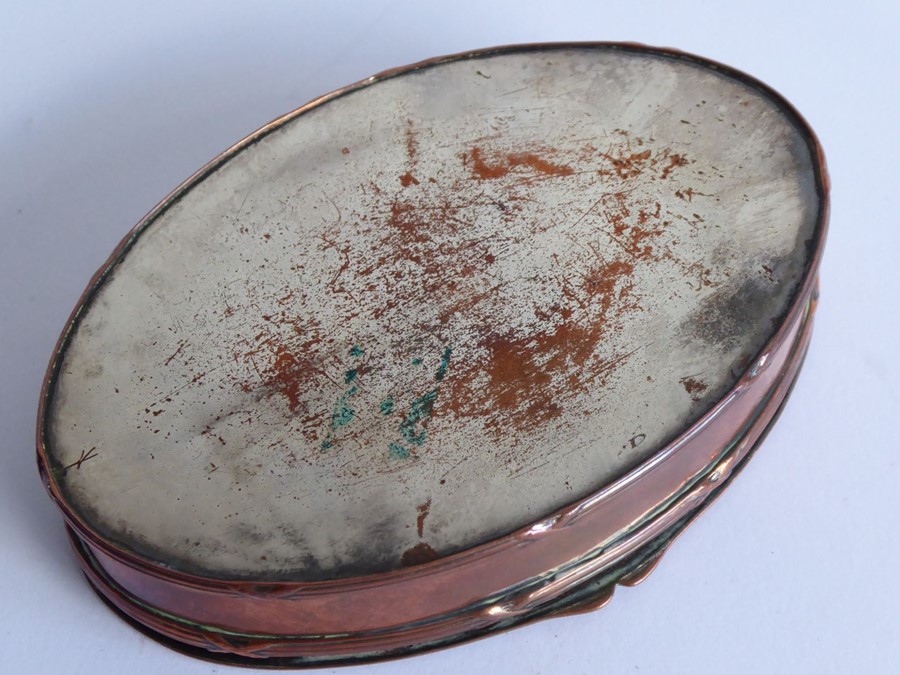 A 19th century oval copper (once silver plated) table snuff box; the lid inset with a worn early - Image 2 of 4