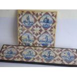 Two framed blocks of four 18th century Dutch blue and white tiles (damages etc. to most); the