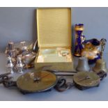 A mixed lot to include two early 20th century Salter's brass and iron balances, a selection of