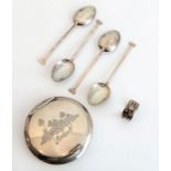 Silver items to include a set of four hallmarked silver coffee spoons, an early 20th century Eastern