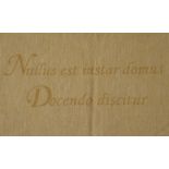 A single curtain in gold fabric decorated with Latin inscriptions, tab heading, cotton lined (