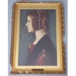 After Ambrogio di Predis - a gilt framed card print 'Batrice D'Este', detailed plaque to lower